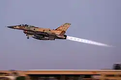 An F-16I Sufa of 119 Squadron "Bat" starts with full afterburner during an international exercise in November 2020