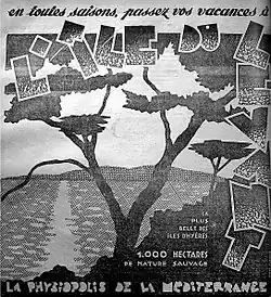 B&W advertising drawing. The first years of naturism, then the sea and an island in the background.