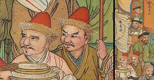 A cropped color painting of two mustached men wearing turbans or caps