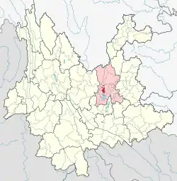 Location of Wuhua District (red) and Kunming City (pink) within Yunnan