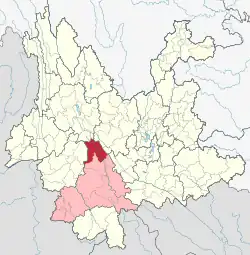 Location of Jingdong County (red) and Pu'er City (pink) within Yunnan province