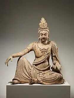 Bodhisattva Avalokiteshvara in water moon form (Shuiyue Guanyin); 11th century; wood (willow) with traces of pigment, multiple-woodblock construction; height: 118.1 cm, width: 95.3 cm, depth: 71.1 cm; Metropolitan Museum of Art