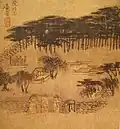 A painting[d] of the palace's ruins in the mid-18th century. Gyeonghoeru's ruins can be seen to the left.[57] The other building is possibly Gangnyeongjeon or Gyotaejeon.[58]