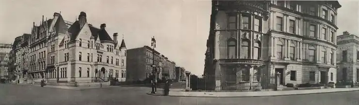 Panoramic image of the intersection of Fifth Avenue and 79th Street. The Sinclair House is just to the right of the center of the photograph.