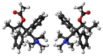Ball-and-stick models of (R,R)-alphacetylmethadol (left), and (S,S)-alphacetylmethadol (right)