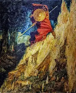 Wagnerian Cycle. The Valkyrie, Wotan strikes the rock from which the flames that will protect Brunhild's dream spring forth