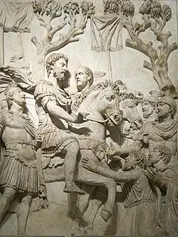 Marcus Aurelius receiving the submission of vanquished foes from the Marcomannic Wars, a relief from his now destroyed triumphal arch in Rome, Capitoline Museums, 177-180 AD