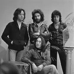 10cc appearing on TopPop in Hilversum, Netherlands, southeast of Amsterdam, 1974: (clockwise from top left) Eric Stewart, Kevin Godley, Graham Gouldman, Lol Creme