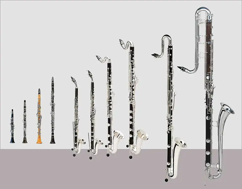 Clarinets in A♭, E♭ and B♭, basset clarinet in A, alto clarinet range to low E♭, basset horn, bass clarinet range to low E♭, bass clarinet range to low C, contra alto clarinet and contrabass clarinet