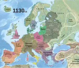Historical map of Europe in 1130 CE.