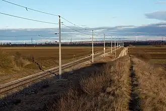 Single-tracked railway line running through a field