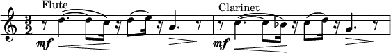 \relative c' { \clef treble \time 3/2 r8\mf^"Flute" d'4.~(\< d8 c16)\! r16 d8( e16) r16 a,4.\> r8\! r8\mf^"Clarinet" c4.~(\< c8 bes16)\! r16 c8( d16) r16 g,4.\> r8\!}