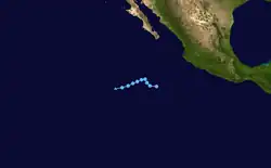A track map of the erratic but generally westward path of a tropical depression over the Eastern Pacific Ocean