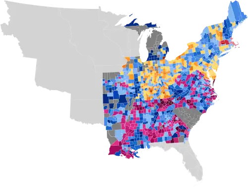 Map of presidential election results by county, shaded according to winning candidate's percentage of the vote