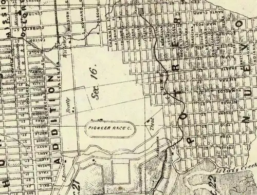 1861 Map of San Francisco, showing Pioneer Race Course (North at top of map)