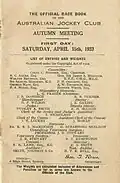 1933 AJC St Leger racebook inside cover showing raceday officials