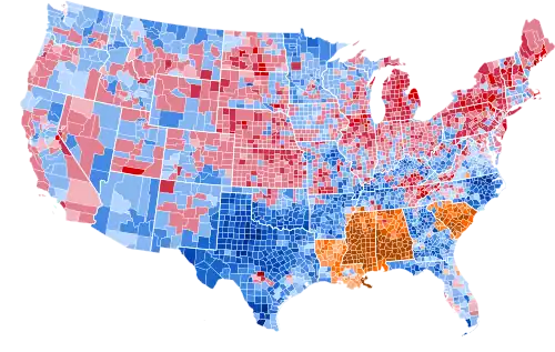 Results by county, shaded according to winning candidate's percentage of the vote