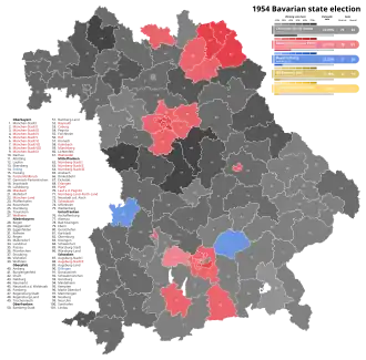 1954 Bavarian state election, Black is CSU, Red is SPD, Light blue is Bavaria Party