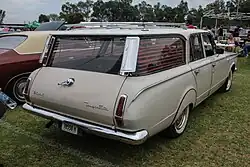 Chrysler AP6 Valiant Safari wagon - later build. Note vertical style tail lights and rear bumper with curved ends that finish against flat body panel. Later build wagons also used sedan rear doors, necessitating revised shaping of rear cargo area side glass, and body trim.