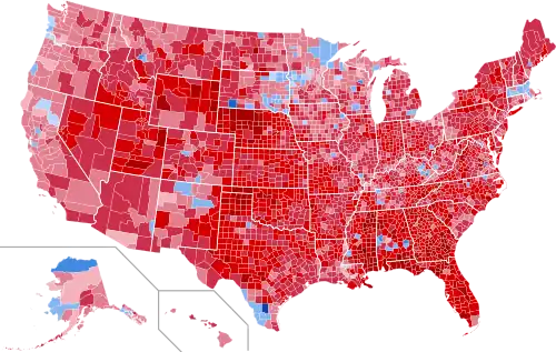 Results by county, shaded according to winning candidate's percentage of the vote