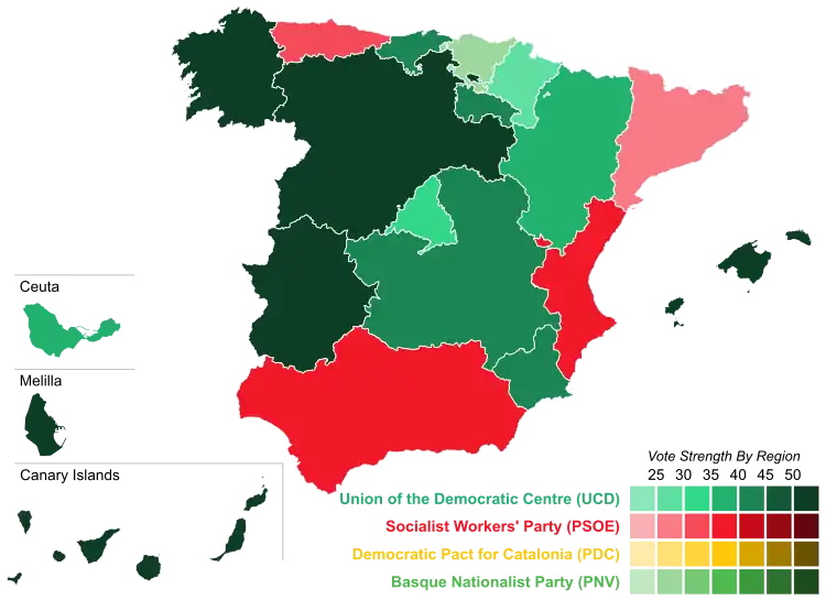 Map of Spain showcasing winning party's strength by autonomous community