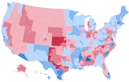 Results by congressional district, shaded according to winning candidate's percentage of the vote