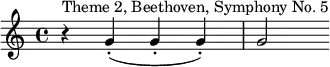 \relative c' {r^"Theme 2, Beethoven, Symphony No. 5" g'-.( g-. g-.)|g2}