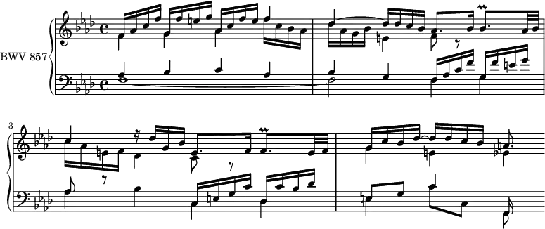 \version "2.18.2"
\header {
tagline = ##f
}
Prallbeshp = { \tag #'print { bes8.\prall } \tag #'midi { \times 2/3 { c32 bes c } bes8 } }
Prallfhp = { \tag #'print { f8.\prall } \tag #'midi { \times 2/3 { g32 f g } f8 } }
upper = \relative c' {
\clef treble
\key f \minor
\time 4/4
\tempo 4 = 52 % tempo de Keller
\set Staff.midiInstrument = #"harpsichord"
%% PRÉLUDE CBT I-12, BWV 857, fa mineur
<< { f16 aes c f g, f' e g aes, c f e f4 | des4~ des16 des c bes aes8. bes16 \Prallbeshp aes32 bes c4 r16 des16 g, bes e,8. f16 \Prallfhp e32 f | g16 c bes des~ des des c bes a8. } \\ { f4 g aes f'16 c bes aes des aes g bes | e,4 f8 r8 s4 | c'16 aes e f des4 c8 r8 s4 g'4 e ees4*1/2 } >>
}
lower = \relative c' {
\clef bass
\key f \minor
\time 4/4
\set Staff.midiInstrument = #"harpsichord"
<< { aes4 bes c aes bes g f16 aes c f g, f' e g | aes,8 r8 s4 c,16 e g c des, c' bes des e,8 g c4 f,,16 } \\ { f'1~ f2 f4 g | aes bes c, des | e c'8 c, f, } >>
}
thePianoStaff = \new PianoStaff <<
\set PianoStaff.instrumentName = #"BWV 857"
\new Staff = "upper" \upper
\new Staff = "lower" \lower
>>
\score {
\keepWithTag #'print \thePianoStaff
\layout {
\context {
\Score
\remove "Metronome_mark_engraver"
\override SpacingSpanner.common-shortest-duration = #(ly:make-moment 1/2)
}
}
}
\score {
\keepWithTag #'midi \thePianoStaff
\midi { }
}
