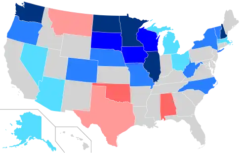 Net changes to upper house seats after the 2006 elections      +1 Dem seat      +2 Dem seats      +4–5 Dem seats      +6 Dem seats      +1 Rep seat      +2 Rep seats