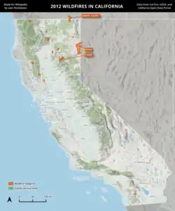 A map of wildfires in California in 2012, using Cal Fire data