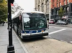 2012 Novabus LFSA Articulated (5887) lays up at Park Row & Beekman Street