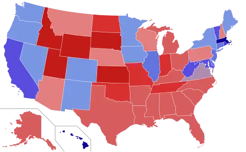 Upper house seats by party holding majority in each state Republican  50–60% 