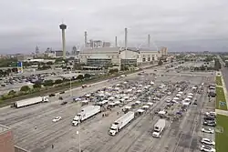 Aerial view of tents at a parking lot