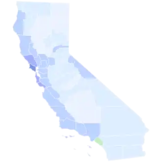 Best Democrat's performance by county in the regular primary (blue for Schiff, green for Porter)