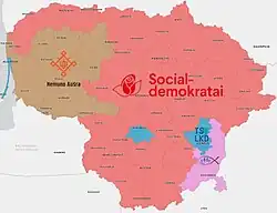 2024 Lithuanian parliamentary election map by electoral district. Electoral districts where EAPL–CFA received majority of the votes are marked in pink.