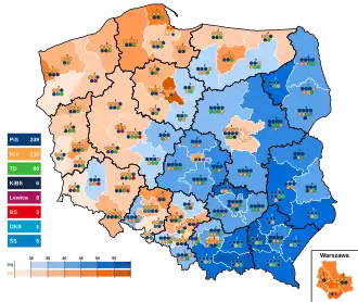 2024 Polish local elections to regional assemblies (constitutencies) PiS (blue), KO (orange)