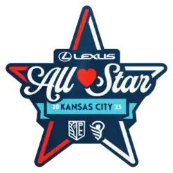 A badge shaped as a five-pointed star, with the event's name and leagues' logos printed onto it.