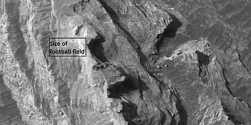 Closer view towards top of white butte, as seen by HiRISE under HiWish program Box shows size of a football field.