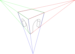 A cube in three-points perspective where, compared with the above cube in two-points prospective, there is an additional vanishing point far below the cube, from which straight lines come that are coincident with vertical edges of the cube.