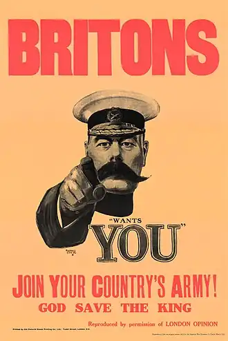 World War I recruiting poster, with Lord Kitchener pointing at the viewer