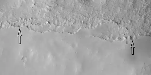 Close view of mantle, as seen by HiRISE under HiWish program Arrows show craters along edge which highlight the thickness of mantle. Mantle may be used as a water source by future colonists. Location is Ismenius Lacus quadrangle.