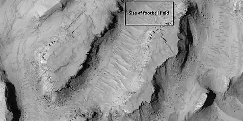 Close view showing blocks being formed, as seen by HiRISE under HiWish program Note: this is an enlargement of the previous image. Box represents size of football field.