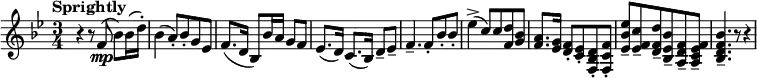 \new Staff {
\key bes \major
\time 3/4
\clef treble
\set Staff.midiInstrument = #"clarinet"
\tempo Sprightly 4 = 92
\set Score.tempoHideNote = ##t
|
r4
r8 f'8(\mp
bes'8) bes'16( d''16-.)
|
bes'4(
a'8-.) bes'-.
g'8 ees'
|
f'8.( d'16
bes8) bes'16 a'
g'8 f'
|
ees'8.( d'16)
c'8.( bes16)
d'8-- ees'--
|
f'4.--
f'8-.
bes'8-. bes'-.
|
ees''4->(
c''8) c''
<<d''8 f'>> <<g'8 bes'>>
|
<<f'8. a'>> <<ees'16 g'>>
<<d'8-. f'>> <<c'-. ees'>>
<<f8-. bes d'>> <<f-. c' f'>>
|
<<ees'8-- bes' ees''>> <<ees'-- f' c''>>
<<d'-- f' d''>> <<bes-- ees' bes'>>
<<a-- d' f'>> <<a-- c' ees' f'>>
|
<<bes4.-- d' f' bes'>>
r8
r4
}