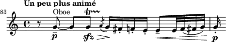 
\relative c' {
  \clef treble \time 4/4 \key a \minor
  \set Score.tempoHideNote = ##t \tempo "Un peu plus animé" 4 = 56
  \set Score.currentBarNumber = #83 \bar ""
  \set Staff.midiInstrument = "oboe"
  r8 g'--~\p^"Oboe" g[ g\startTrillSpan\sfz\>] \slashedGrace a8(\stopTrillSpan g16)\! fis-. f-. e-. e8--\< e32 f( fis g) | g16-.\p
}
