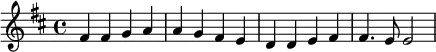 \relative c' {
\key d \major
fis4 fis g a a g fis e d d e fis fis4. e8 e2 }