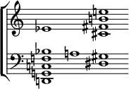 \layout {
\context {
\PianoStaff
\consists "Span_stem_engraver"
}
}
\new StaffGroup <<
\new Staff \with { \remove "Time_signature_engraver" \remove "Bar_engraver" } \relative c {
\set PianoStaff.connectArpeggios = ##t
\clef treble \override Stem #'transparent = ##t \set PianoStaff.connectArpeggios = ##t
\accidentalStyle dodecaphonic
\set Staff.midiInstrument = "piano"
ees'1 s1 <cis fis b e>1
}
\new Staff \with { \remove "Time_signature_engraver" \remove "Bar_engraver" } \relative c, {
\clef bass \override Stem #'transparent = ##t
\accidentalStyle dodecaphonic
\set Staff.midiInstrument = "piano"
<d g c f bes>1 a''1 <dis, gis>1
}
>>
