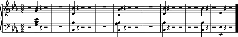  { \new PianoStaff << \new Staff \relative c'' { \clef treble \key ees \major \time 3/2 r2 <bes g>4 r r2 | R1. | <bes d,>4 r r2 r | R1. | <bes aes c,>4 r r2 r | R1. | <bes d,>4 r r2 r | r r bes4 r | r2 ees,4 r r2 \bar "|." } \new Staff \relative c' { \clef bass \key ees \major \time 3/2 r2 <ees bes g>4 r r2 | R1. | <bes bes,>4 r r2 r | R1. | <bes aes bes,>4 r r2 r | R1. | <bes bes,>4 r r2 r | r r <bes bes,>4 r | r2 <ees, ees,>4 r r2 \bar "|." } >> } 