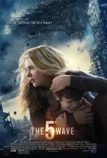 A teenage girl holds her scared younger brother in a devastated city, with a giant alien spacecraft looming in the sky.