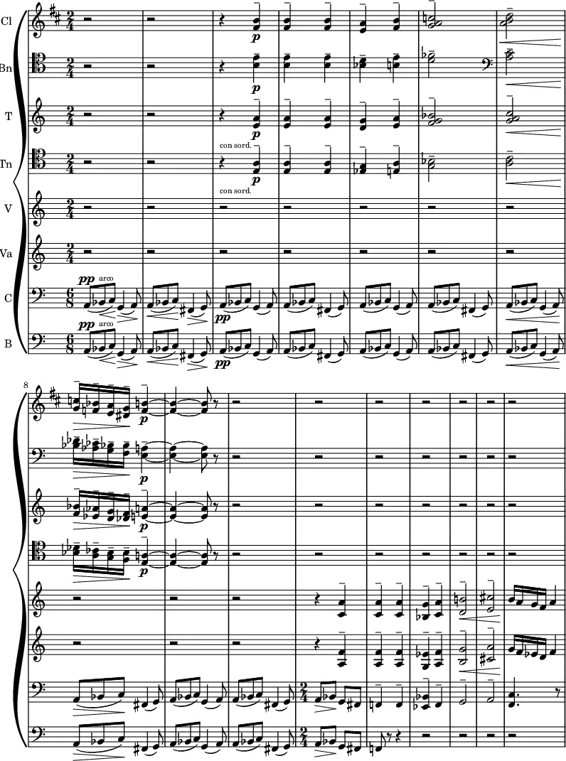 
 { \new PianoStaff 
 <<
\new Staff  \with { instrumentName="Cl"}
  \relative c''
{ 
  \set Score.tempoHideNote = ##t  \tempo 2 = 30
  \set Staff.midiInstrument = #"clarinet" 
  \set Staff.midiMinimumVolume = 0.2
  \set Staff.midiMaximumVolume = 0.6
  \transposition bes
  \key d  \major 
  \clef treble 
  \time 2/4
  r2 |
  r2 |
  r4 <b fis>4\p^\tenuto |
  <b fis>^\tenuto <b fis>^\tenuto |
  <a e>^\tenuto <b fis>^\tenuto |
  <c a g>2^\tenuto |
  <d b a>2^\tenuto\< |
   <c g>16^\tenuto\!\> <bes f>^\tenuto <a e>^\tenuto <g dis>^\tenuto\! <b f>4\p^\tenuto~ |
   <b f>~ <b f>8 r8
   r2 |
   r2 |
   r2 |
   r2 |
   r2 |
   r2 |
   r2 |
  }
\new Staff  \with { instrumentName="Bn"}
  \relative c'
{ 
  \set Staff.midiInstrument = #"bassoon" 
  \set Staff.midiMinimumVolume = 0.2
  \set Staff.midiMaximumVolume = 0.6
  \key  c \major 
  \clef tenor 
  \time 2/4
  r2 |
  r2 |
  r4 <e b>4\p^\tenuto |
  <e b>^\tenuto <e b>^\tenuto |
  <d bes>^\tenuto <e b!>^\tenuto |
  <fes d>2^\tenuto |
  \clef bass <c a>2^\tenuto\< |
   <des bes>16^\tenuto\!\> <ces aes>^\tenuto <bes! g>^\tenuto <bes f>^\tenuto\! <a e>4\p^\tenuto~ |
   <a e>~ <a e>8 r8
   r2 |
   r2 |
   r2 |
   r2 |
   r2 |
   r2 |
   r2 |
  }
\new Staff  \with { instrumentName="T"}
  \relative c''
{ 
  \set Staff.midiInstrument = #"trumpet" 
  \set Staff.midiMinimumVolume = 0.2
  \set Staff.midiMaximumVolume = 0.6
  \transposition c
  \key  c \major 
  \clef treble 
  \time 2/4
  r2 |
  r2 |
  r4_\markup {\teeny "con sord."} <a e>4\p^\tenuto |
  <a e>^\tenuto <a e>^\tenuto |
  <g d>^\tenuto <a e>^\tenuto |
  <bes g f>2^\tenuto |
   <c a g>2^\tenuto\< |
   <bes f>16^\tenuto\!\> <aes ees>^\tenuto <g d>^\tenuto <f des>^\tenuto\! <a e>4\p^\tenuto~ |
   <a e>~ <a e>8 r8
   r2 |
   r2 |
   r2 |
   r2 |
   r2 |
   r2 |
   r2 |
  }
\new Staff  \with { instrumentName="Tn"}
  \relative c'
{ 
  \set Staff.midiInstrument = #"trombone" 
  \set Staff.midiMinimumVolume = 0.2
  \set Staff.midiMaximumVolume = 0.6
  \key  c \major 
  \clef tenor 
  \time 2/4
  r2 |
  r2 |
  r4_\markup {\teeny "con sord."} <a e>4\p^\tenuto |
  <a e>^\tenuto <a e>^\tenuto |
  <g ees>^\tenuto <a e>^\tenuto |
  <bes g>2^\tenuto |
   <c a>2^\tenuto\< |
   <des bes>16^\tenuto\!\> <ces a>^\tenuto <bes g>^\tenuto <bes f>^\tenuto\! <a! e>4\p^\tenuto~ |
   <a e>~ <a e>8 r8
   r2 |
   r2 |
   r2 |
   r2 |
   r2 |
   r2 |
   r2 |
  }
\new Staff  \with { instrumentName="V"}
  \relative c'
{ 
  \set Staff.midiInstrument = #"string ensemble 1" 
  \set Staff.midiMinimumVolume = 0.3
  \set Staff.midiMaximumVolume = 0.7
  \key  c \major 
  \clef treble 
  \time 2/4
  r2 |
  r2 |
  r2 |
  r2 |
  r2 |
  r2 |
  r2 |
  r2 |
  r2 |
  r2 |
  r4 < a' c,>4^\tenuto |
  < a c,>^\tenuto < a c,>^\tenuto |
  <g bes,>^\tenuto <a c,>^\tenuto |
  <b! d,>2\<^\tenuto |
  <cis e,>^\tenuto |
  b16\! a g f a4 |
  }
\new Staff  \with { instrumentName="Va"}
  \relative c'
{ 
  \set Staff.midiInstrument = #"string ensemble 2" 
  \set Staff.midiMinimumVolume = 0.3
  \set Staff.midiMaximumVolume = 0.7
  \key  c \major 
  \clef treble 
  \time 2/4
  r2 |
  r2 |
  r2 |
  r2 |
  r2 |
  r2 |
  r2 |
  r2 |
  r2 |
  r2 |
  r4 < f a,>4^\tenuto |
  < f a,>^\tenuto <  f a,>^\tenuto |
  <ees g,>^\tenuto <f a,>^\tenuto |
  <g b,>2\<^\tenuto |
  <a cis,>^\tenuto |
  g16\! f ees d f4 | |
  }
\new Staff  \with { instrumentName="C"}
  \relative c
{ 
  \set Staff.midiInstrument = #"string ensemble 1" 
  \set Staff.midiMinimumVolume = 0.2
  \set Staff.midiMaximumVolume = 0.7
  \key c  \major 
  \clef bass 
  \time 2/4
  \set Staff.timeSignatureFraction = 6/8
  \scaleDurations2/3 {
  a8\<^\pp( bes^\markup {\teeny "arco"} c\!) g4\>( a8\!) |
  a8\<( bes c\!) fis,4\>( g8\!) |
  a(\pp bes c) g4( a8) |
  a8( bes c) fis,4( g8) |
  a8( bes c) g4( a8) |
  a8( bes c) fis,4( g8) |
  a(\< bes c) g4( a8)\! |
  a8(\> bes c)\! fis,4( g8) |
  a8( bes c) g4( a8) |
  a8( bes c) fis,4( g8) |
  }
   \set Staff.timeSignatureFraction = 2/4 {
  a8\> bes\! g fis |
  f!4^\tenuto f^\tenuto
  <bes ees,>^\tenuto f^\tenuto | 
  g2^\tenuto |
  a^\tenuto |
  <c f,>4. r8
   }
  }
\new Staff  \with { instrumentName="B"}
  \relative c
{ 
  \set Staff.midiInstrument = #"string ensemble 2" 
  \set Staff.midiMinimumVolume = 0.2
  \set Staff.midiMaximumVolume = 0.4
  \key c  \major 
  \clef bass 
  \time 2/4
  \set Staff.timeSignatureFraction = 6/8
  \scaleDurations 2/3 {
  a8\<^\pp( bes^\markup {\teeny "arco"} c\!) g4\>( a8\!) |
  a8\<( bes c\!) fis,4\>( g8\!) |
  a(\pp bes c) g4( a8) |
  a8( bes c) fis,4( g8) |
  a8( bes c) g4( a8) |
  a8( bes c) fis,4( g8) |
  a(\< bes c) g4( a8)\! |
  a8(\> bes c)\! fis,4( g8) |
  a8( bes c) g4( a8) |
  a8( bes c) fis,4( g8) |
  }
   \set Staff.timeSignatureFraction = 2/4 {
  a8\> bes\! g fis |
   f!8 r8 r4 |
   r2 |
   r2 |
   r2 |
   r2 |
   }
   }
  >>  
 }
