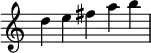 \relative c'' {
\time 5/4
\omit Score.TimeSignature
d e fis a b
}